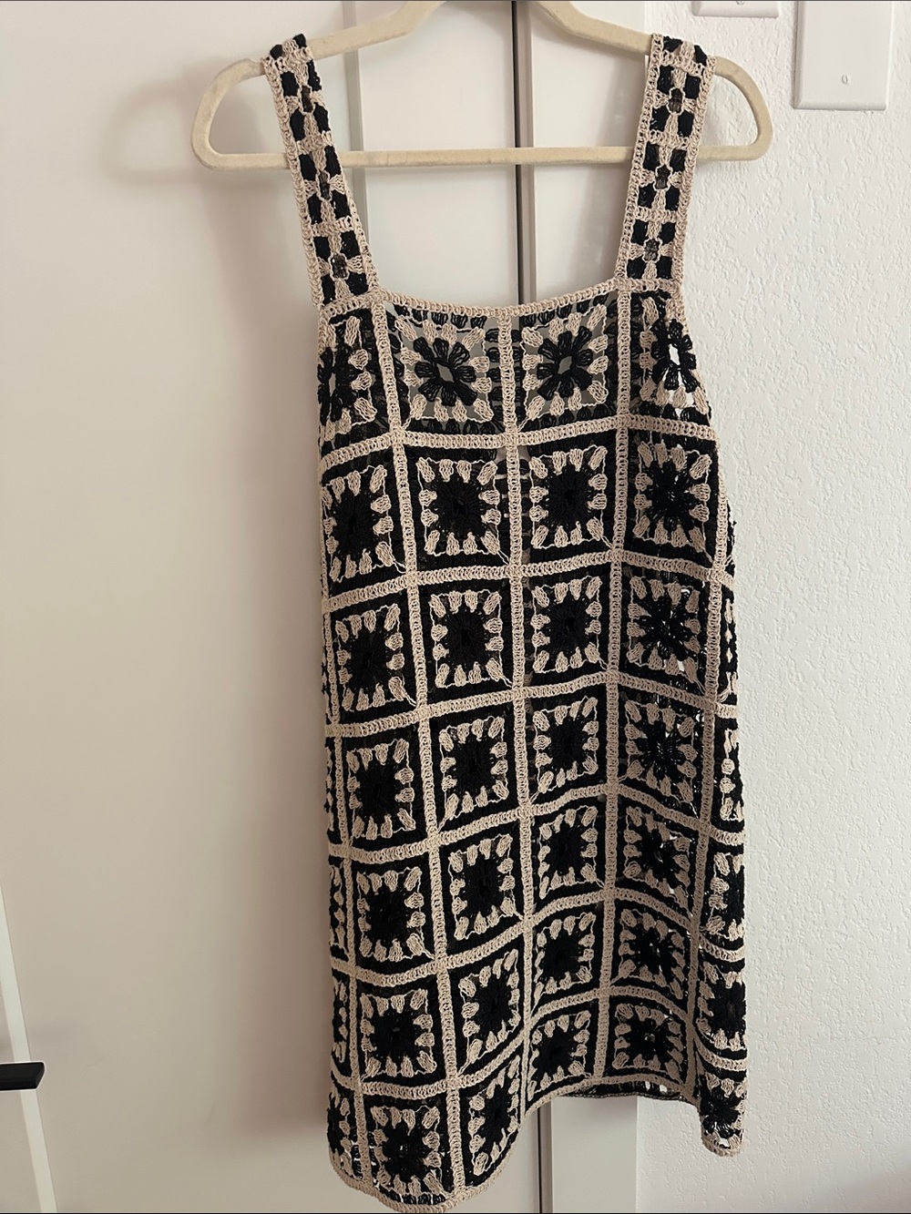 H&M Black and Cream Crochet Square-Pattern Mini Dress